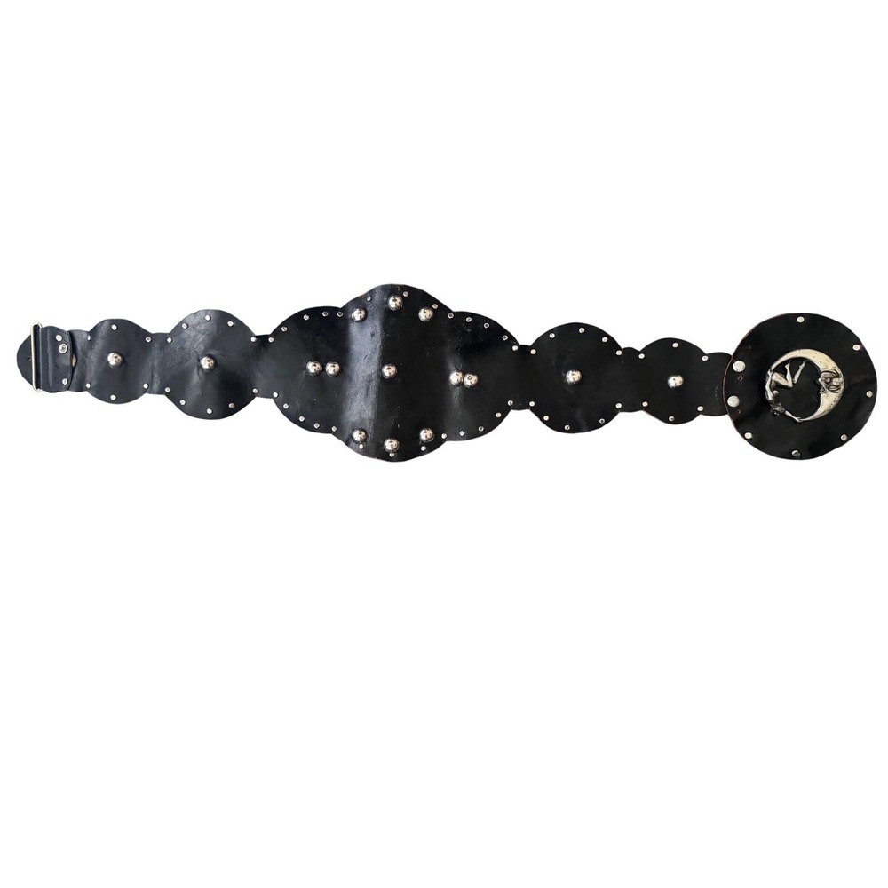Vintage Handmade Black Leather Celestial Moon Nude Lady Studded Wide Waist Belt - Picture 8 of 16